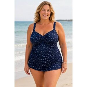 Septangle Plus Size 18W Navy Sailboat Swimdress Ruched Tummy Control Swimsuit